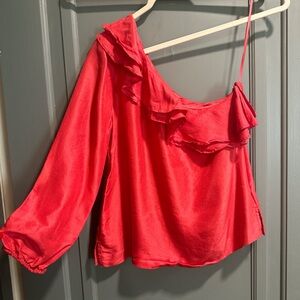 J.Crew Poppy Red One Shoulder Ruffled Blouse Size 2 100% Silk